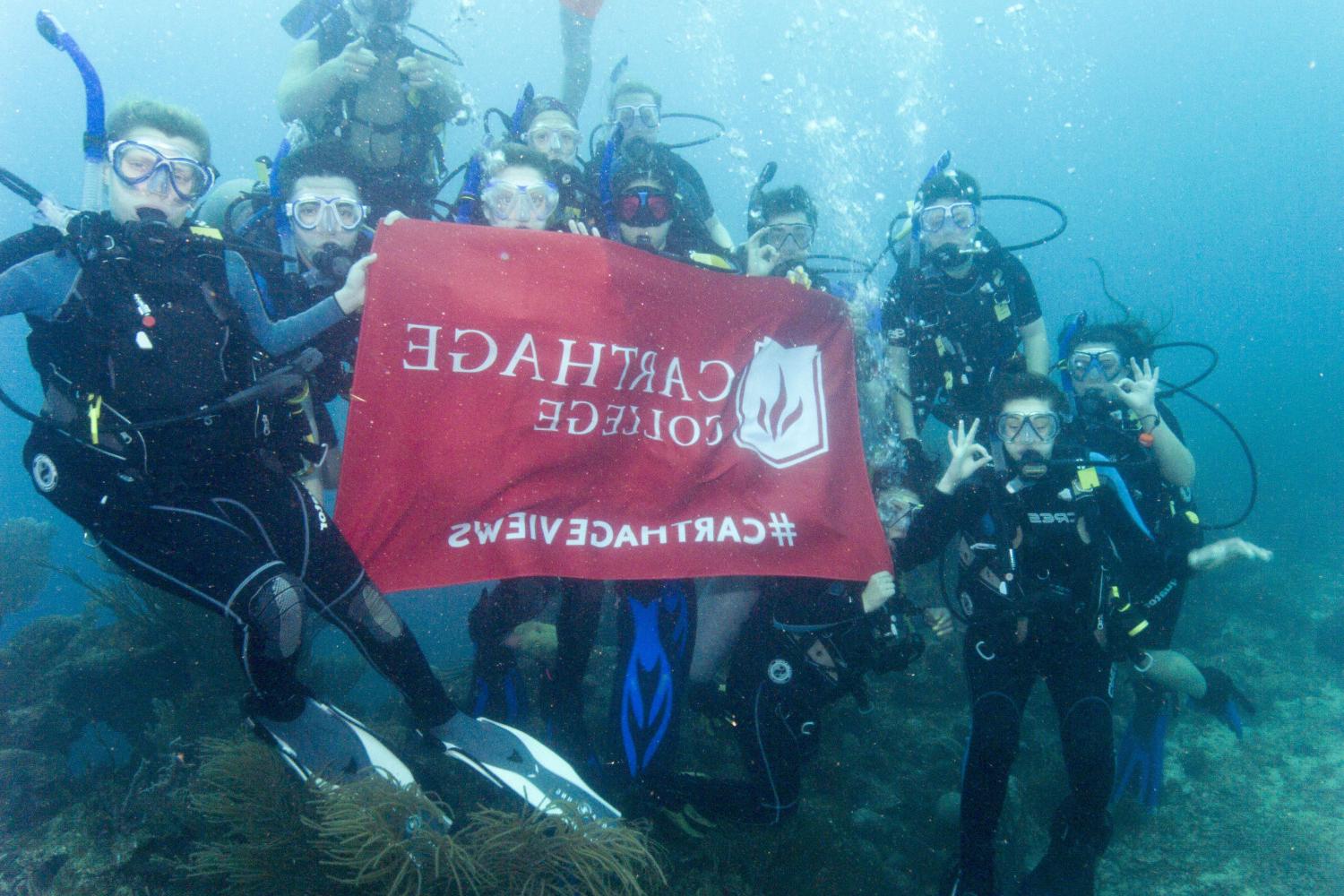 学生们手持<a href='http://m59n.uncsj.com'>bv伟德ios下载</a>旗帜，在j学期洪都拉斯游学之旅中潜水.